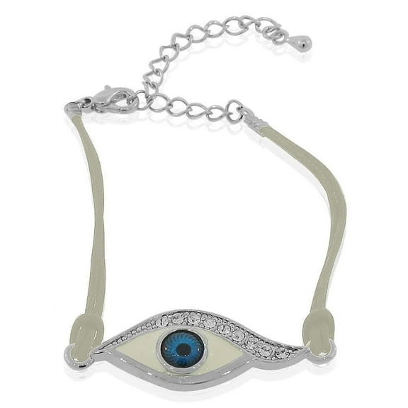 Fashion Alloy White Cord White Clear CZ Evil Eye Protection Bracelet, 8"
