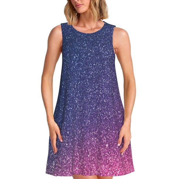 Fotbe Violet Glitter Vestido de Verano sin Mangas para Mujer – Vestido Midi Línea A, Estilo Camiseta Floral, Vestido Playero Casual y Fluido