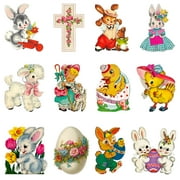 A1diee 12Pcs Vintage Easter Cutouts Decorations Retro Easter Victorian Ephemera Paper Cut Craft Bunny Lamb Chick Egg Duckling Cross Large Artwork Cardboard with Glue Point for Home Wall Window Decor