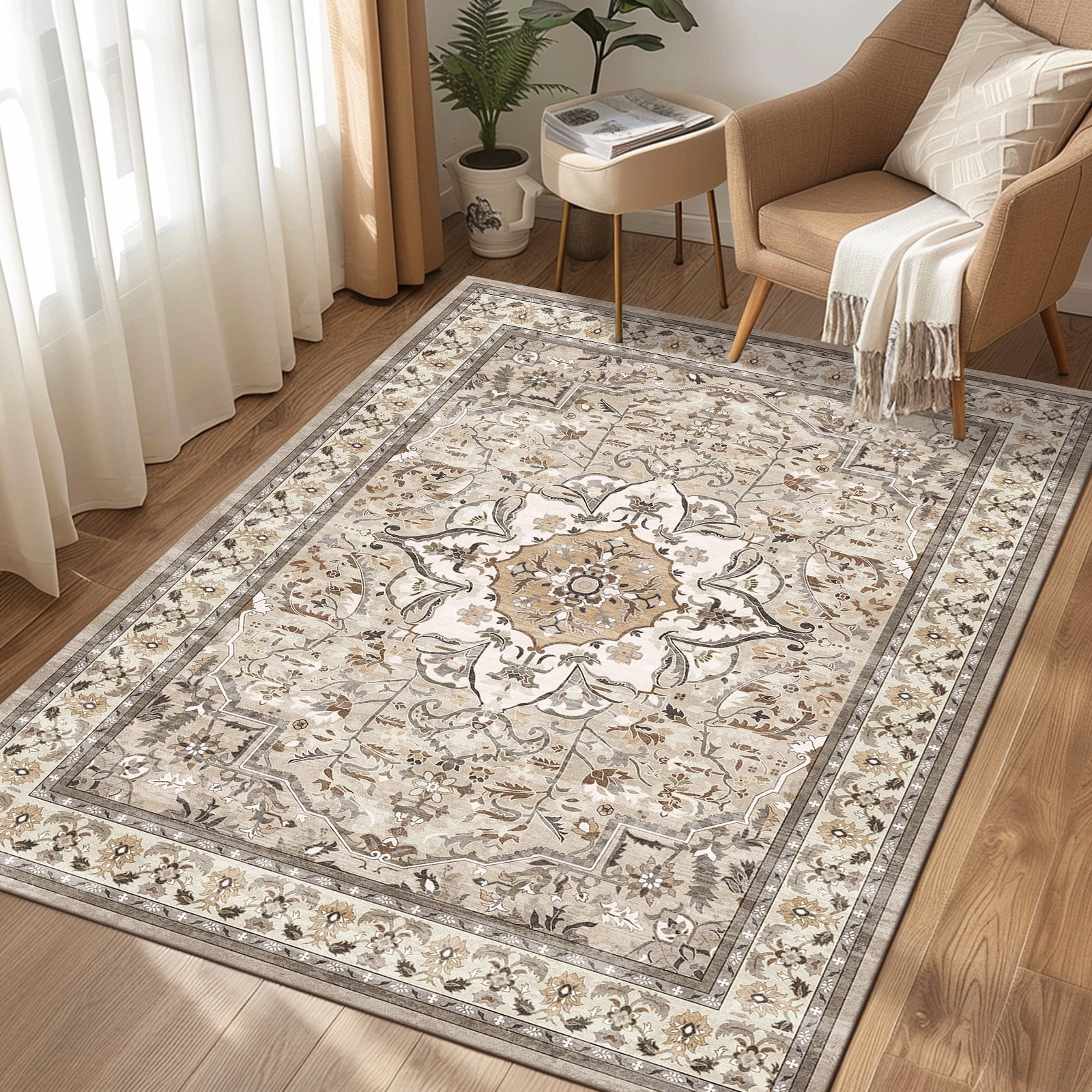 Pentantan 6'x9' Area Rugs for Living Room, Boho Vintage Soft Washable Rug with Non Slip Backing for Bedroom, Brown