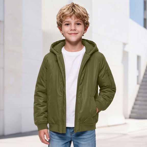 BFHHYA Boys Winter Coat Teens Youth Casual Zip up Quilted Jackets Windproof Windbreaker Kids Long Sleeve Hooded Outwear with Pockets 5-16 Years