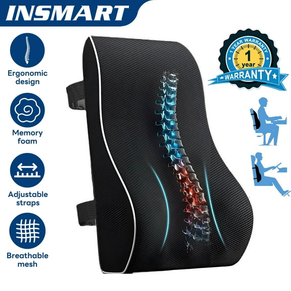 INSMART Ergonomic Lumbar Support Pillow with Adjustable Memory Foam - Breathable 3D Mesh Back Cushion for Office Chair, Car Seat & Home Use, Machine-Washable Cover, Pain Relief & Posture Support