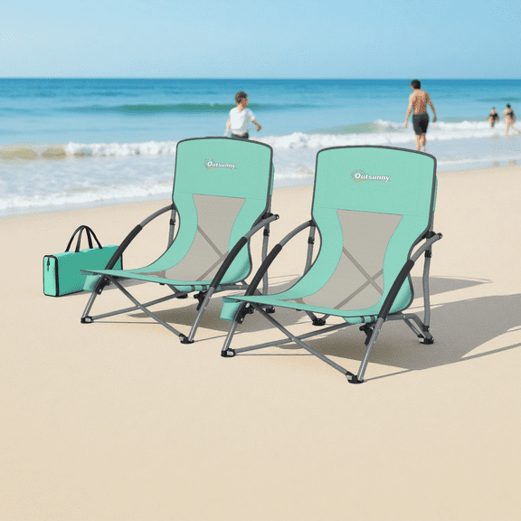 2-Pack Lightweight Folding Chairs, Portable Beach Lounge Chairs with Carry Bag & Cup Holder, Turquoise Outdoor Camping Chairs with Mesh Backrest