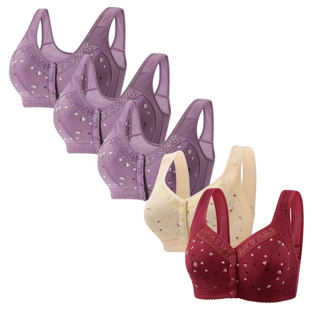 Latrodar Bras for Women Front Closure Bras for Women No Underwire 5PCS Supportive Bralettes No Underwire Lift Trendy Bralettes with Wide Straps Solid Embroidered Underwear for Lady Running