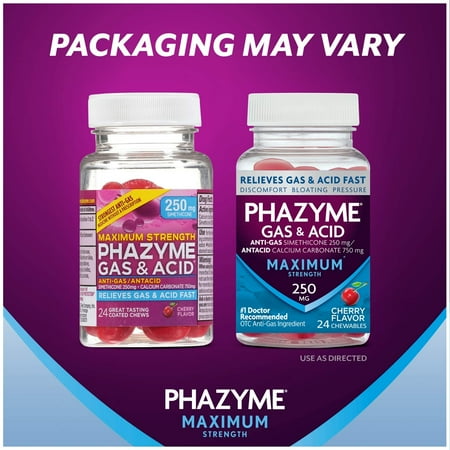 Phazyme Over-the-Counter Medicines Gas and Acid Maximum Strength 250 mg Cherry Flavor Chews, 24 EA, 3 Pack