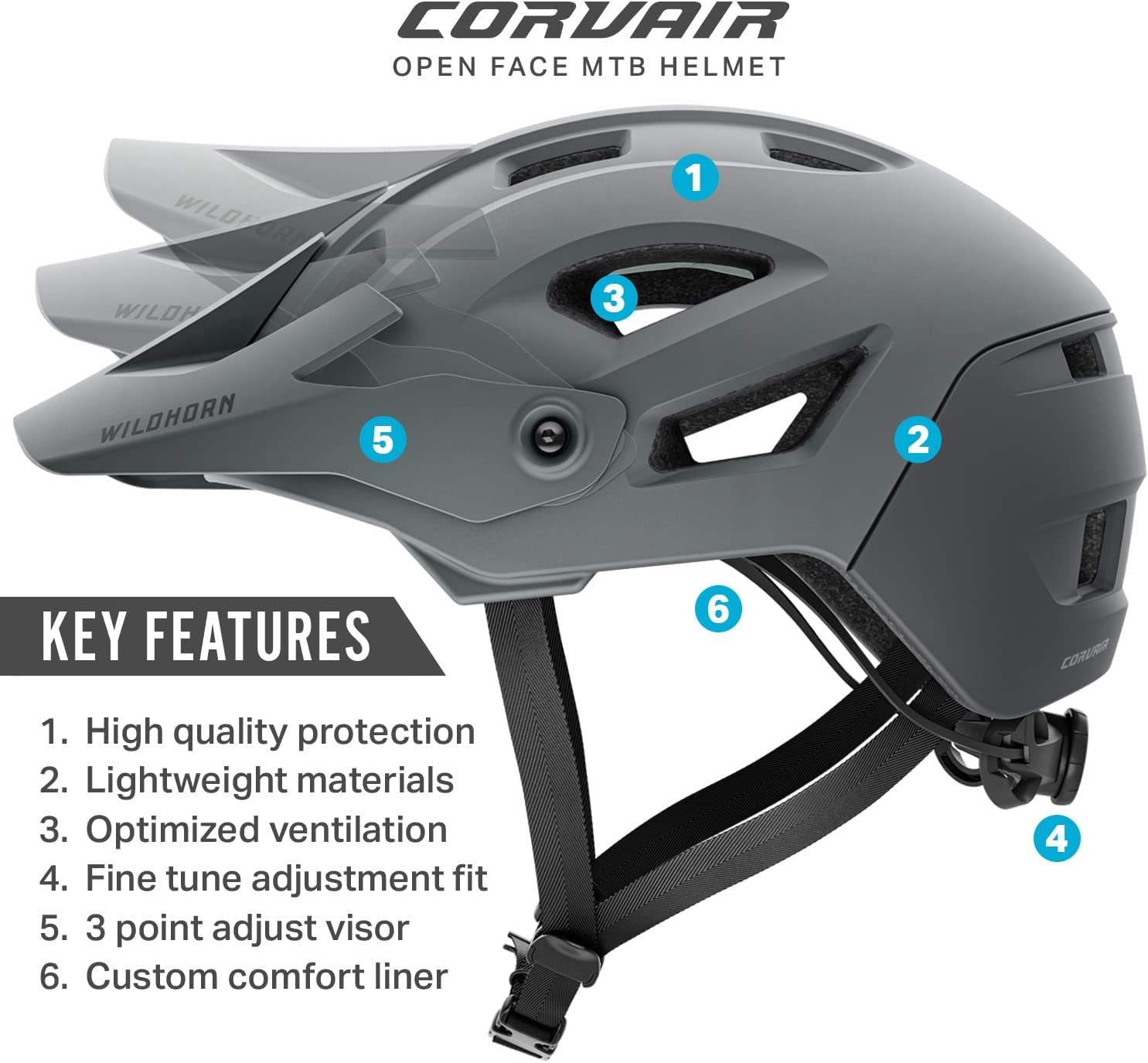 Wildhorn Corvair Mountainbike-Helm – Maximale Belüftung, FTA Fit System, Verstellbares Visier, Für Damen & Herren
