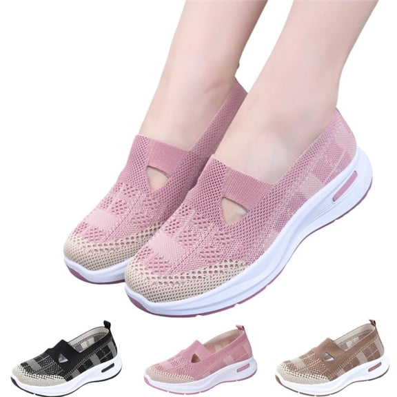 Women's Woven Breathable Soft Shoes Casual Orthopedic Arch Support Foam Shoes Comfortable Wedge Heel Walking Anti-Skid Sports Shoes (Pink)
