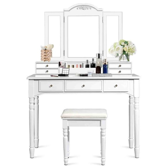 Topbuy Vanity Makeup Dressing Table Set w/ Drawer Mirror Necklace Hook White