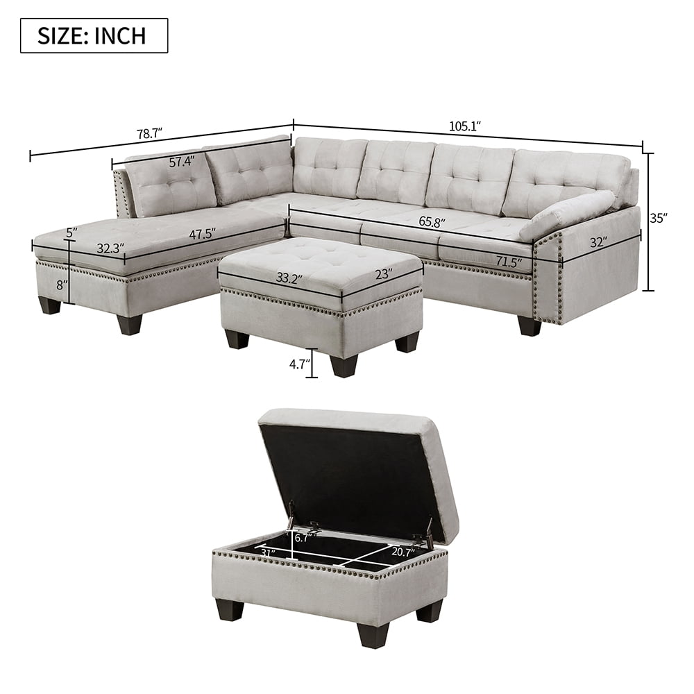 Veryke Modern L-Shape Sectional Sofa with Chaise Lounge and Storage Ottoman, Grey
