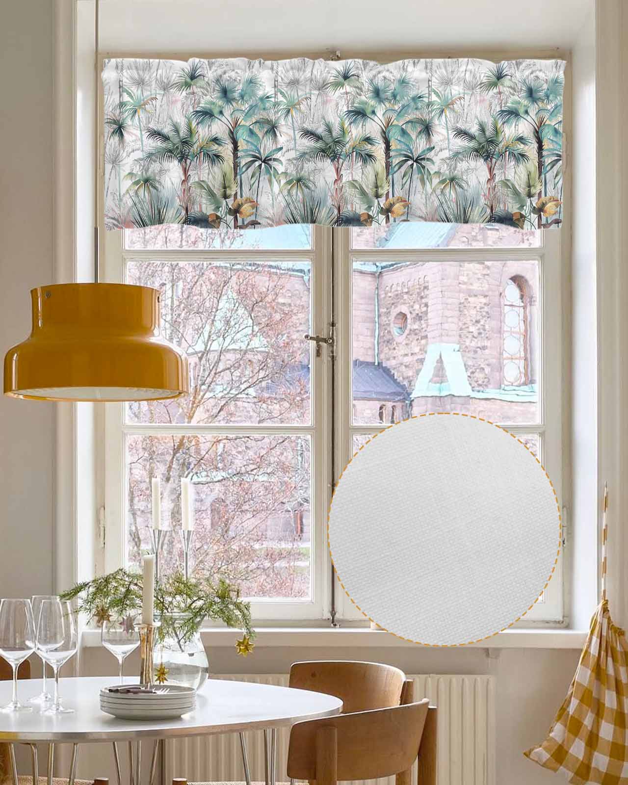 Teal Green Palm Tree Linen Curtain Valance for Bedroom/Bathroom/Kitchen/Living/Dining Room Window,Summer Tropical Coconut Plant Modern White Pocket Topper Drapes Decorative Cafe Drapery 60"x18"