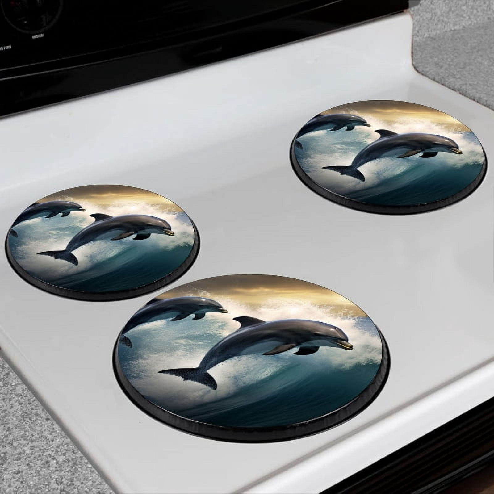 BaHomeck Electric Stove Burner Covers Set of 4,Round Metal Gas Stove Burner Covers 8 Inch and 10 Inch,Kitchen Decor,Two Dolphins Jumping Out Of The Water On Top Of An Ocean Wave