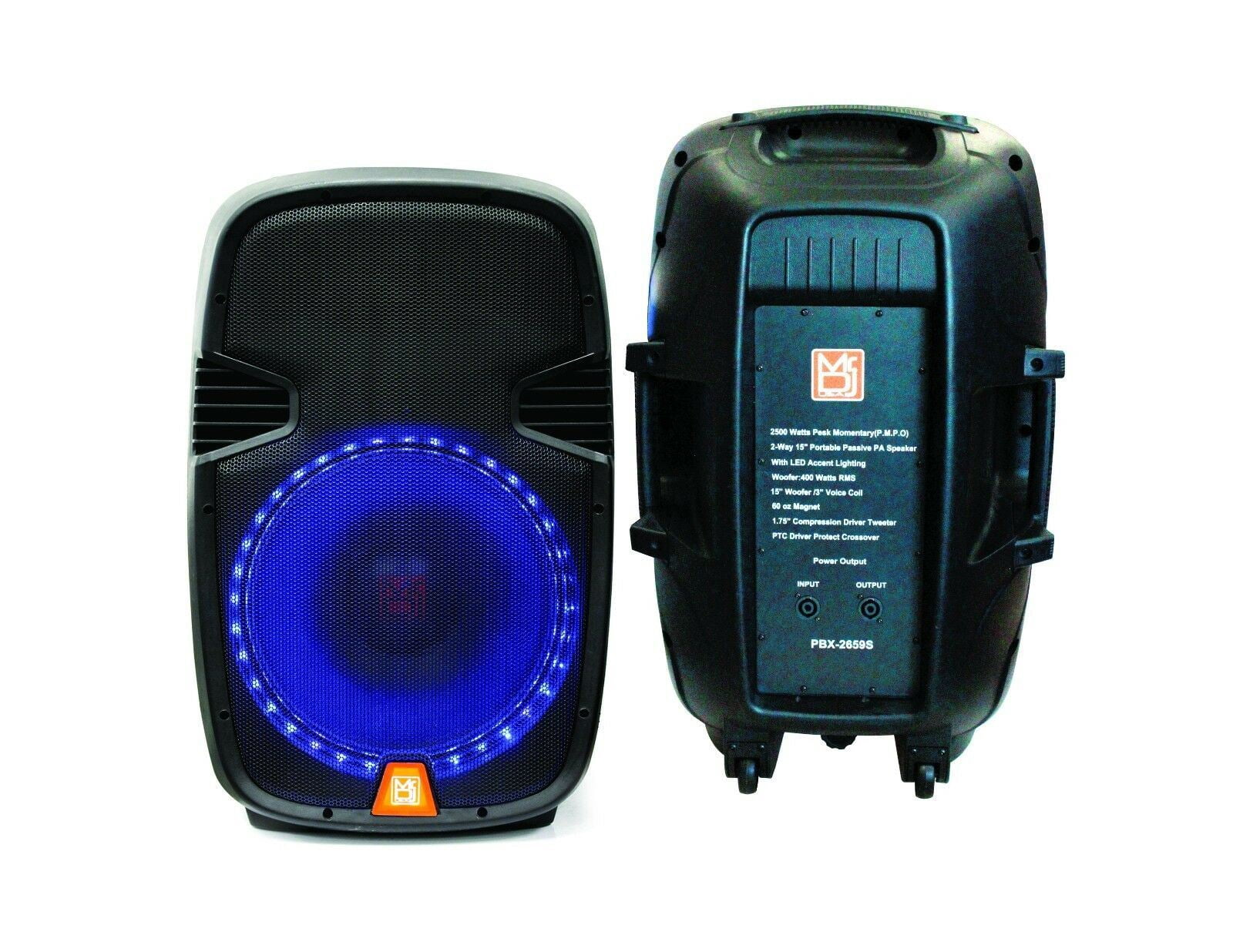 2 Mr Dj PBX2659S 15 Inch 2Way Portable Passive Speaker with LED Accent Lighting
