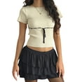 thumbnail image 2 of Gupgi Women Ribbed Crop Tops Summer Tee Black Line Ribbon Short Sleeve Round Neck Slim Tops, 2 of 8