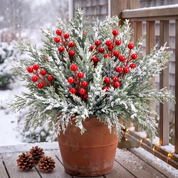 Leyaron Artificial Christmas Snow Pine Branches with Red Berry Stems, 60 Pcs Christmas Picks Faux Greenery Norfolk Pine Stems for Vase Indoor Outdoor Xmas Home Table Decor