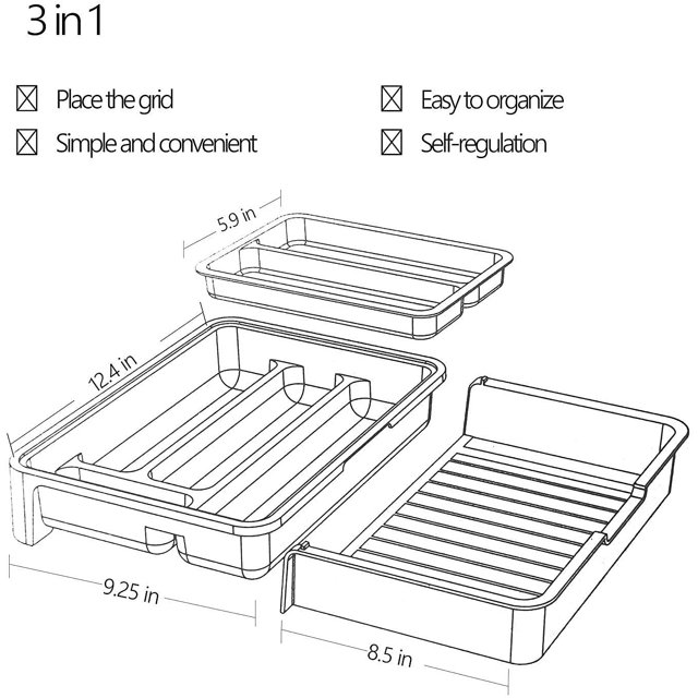 Juego de organizador de almacenamiento expandible con cajón 3 en 1 Estante de plástico para platos para recibir cubiertos y más - Gris ZefeiWu 8390605363641