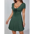 thumbnail image 4 of Jaimenalin Women'S Short Sleeves Drawstring Front Ruched Short Dress V Neck A Line Tshirt Dresses Dark Green S, 4 of 9