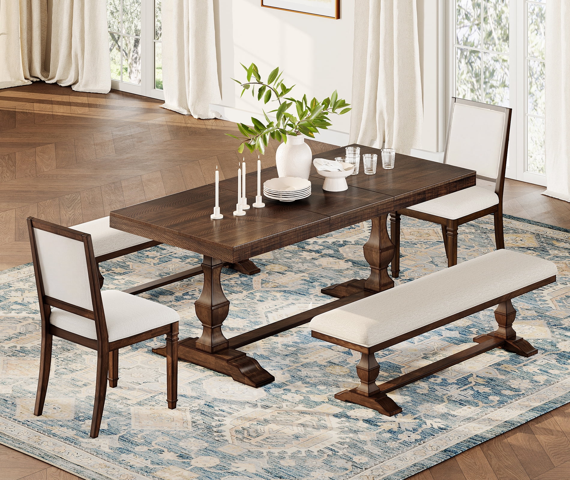 WAMPAT 5-pieces Farmhouse Dinning Table for 6-8,74.8" Kitchen Table Set with 2 Benches and 2 Chairs,Solid Wood Legs and Cushion Seat for Kitchen & Living Room,Espresso Brown