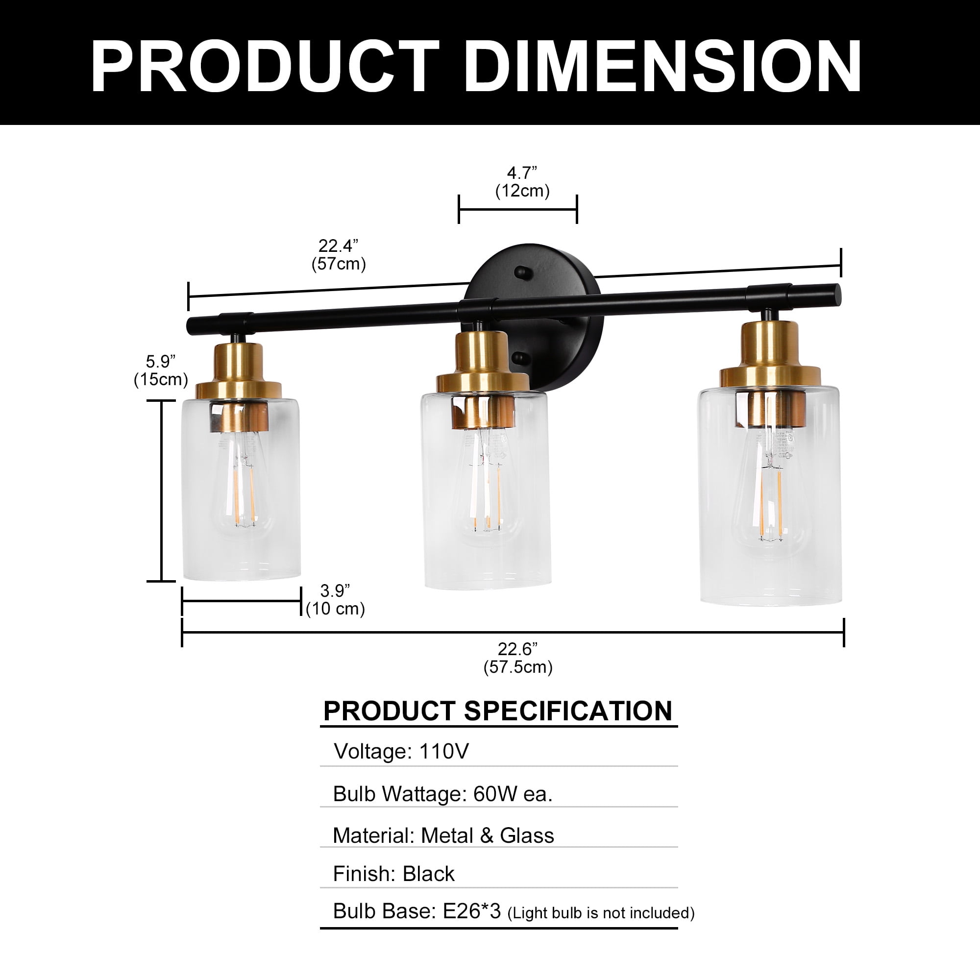 Black Vanity Lights for Bathroom 3 Lights Industrial Wall Mounted Over Mirror Wall Lights with Glass Cover