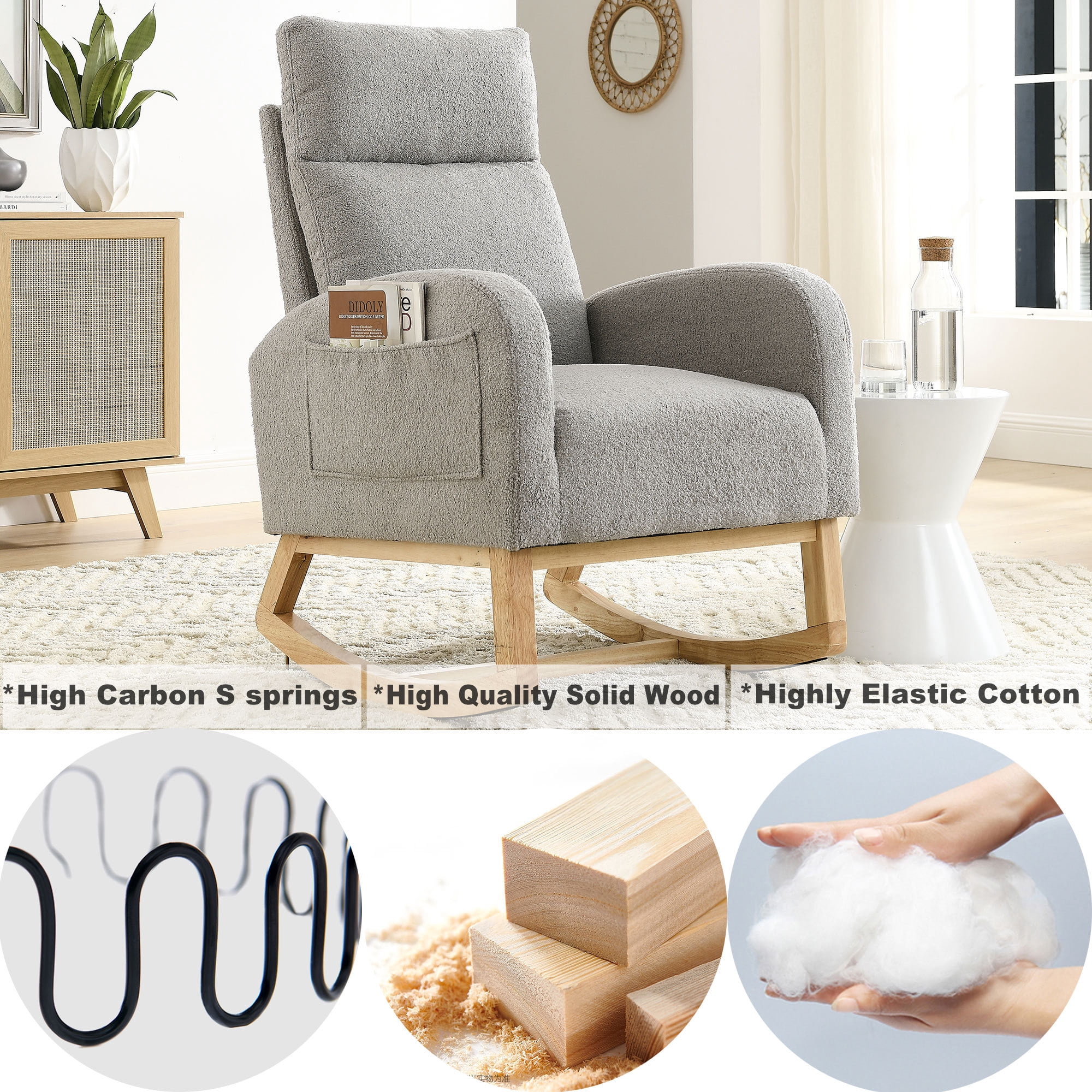 Modern Rocking Chair for Nursery,Accent Glider Chair with High Backrest & Two Side Pockets & Solid Wood Legs,Gray Teddy
