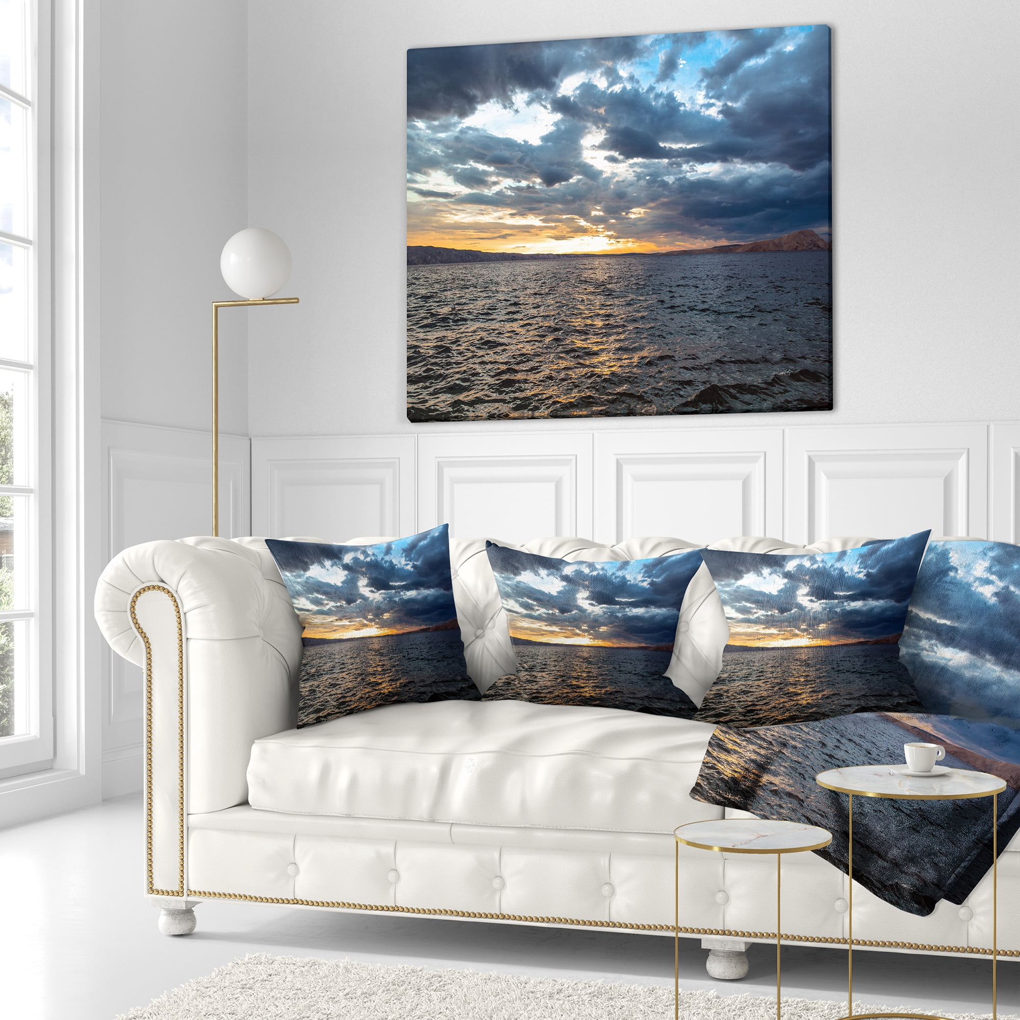 Designart Beautiful Seascape under Cloudy Sky - Modern Seashore Throw Pillow - 18x18