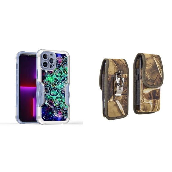 Case and Pouch Bundle for iPhone 14: Heavy Duty Armor Rugged Case (Teal Galaxy Mandala) and Vertical Rugged Nylon Belt Holster (Camo)