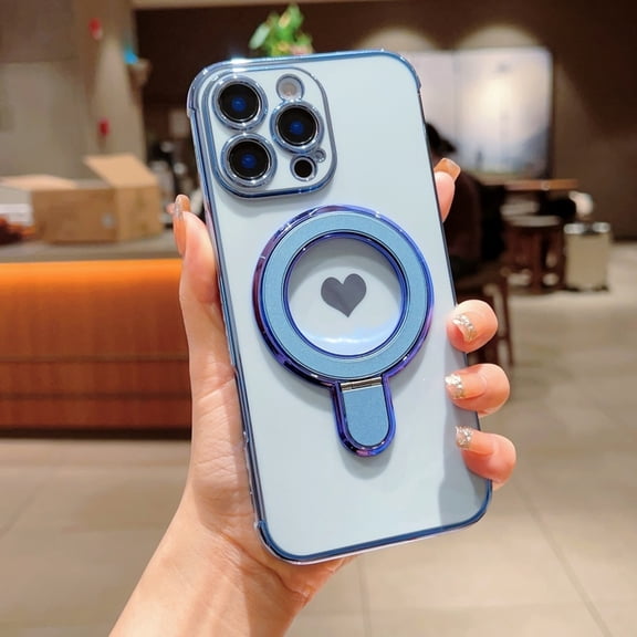 Case for iPhone 12, Plated Frame Cover with Ring Kickstand, Cute Side Heart Pattern Lightweight Shockproof Protective Phone Case for Girls Women - Blue