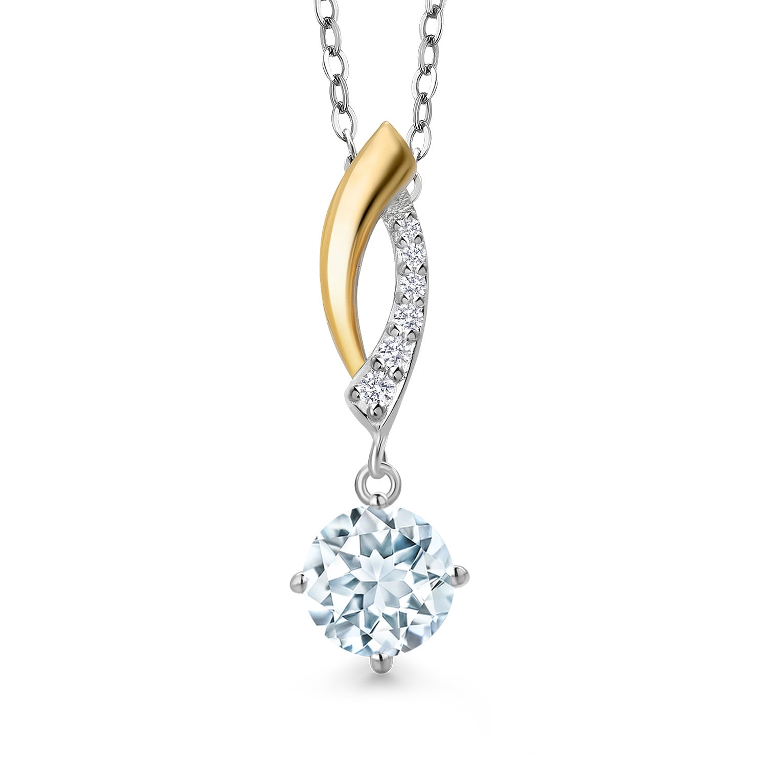 Gem Stone King 925 Silver and 10K Yellow Gold Sky Blue Aquamarine and Lab Grown Diamond Pendant Necklace for Women | 0.78 Cttw | Gemstone March Birthstone | Round 6MM | With 18 inch Silver Chain