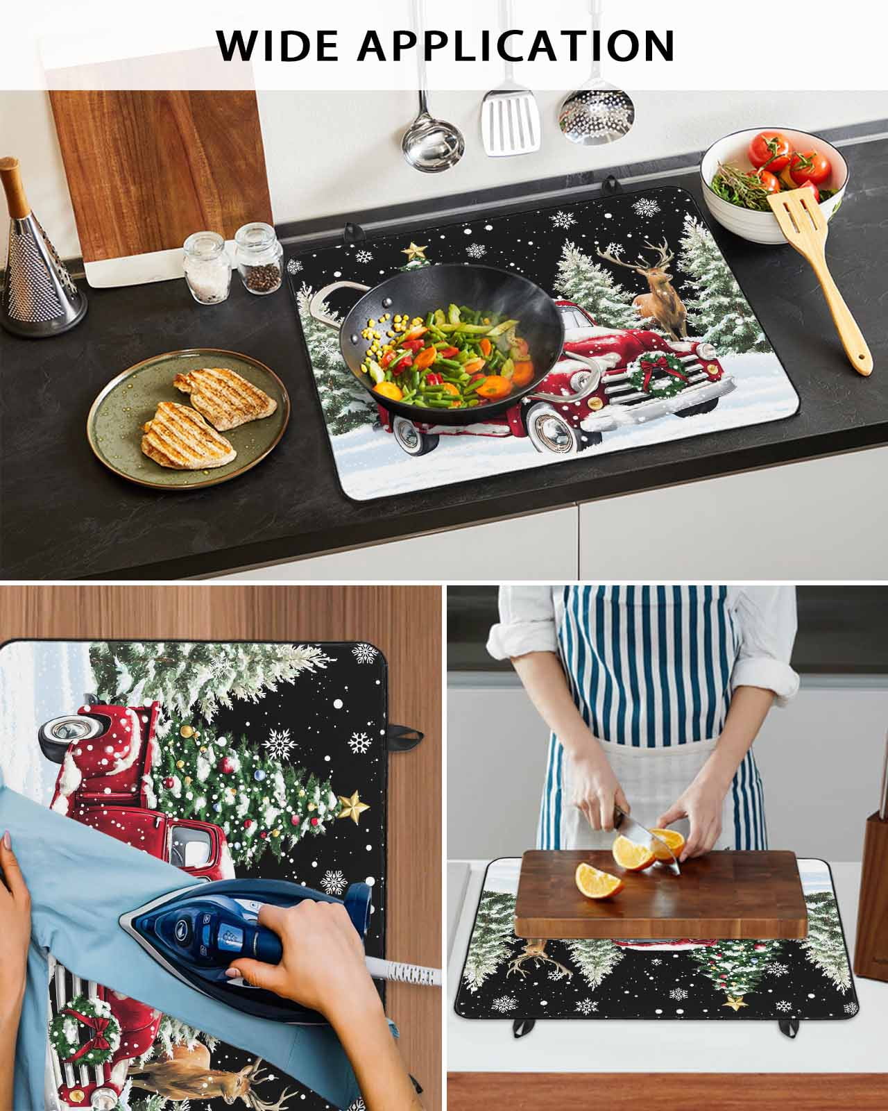 Large Induction Cooktop Protector Mat Christmas Truck Stove Top Covers for Electric Stove, Winter Snowflakes Xmas Tree Deer Black Decorative Stove Burner Cover Mats, Glass Top Stove Cover