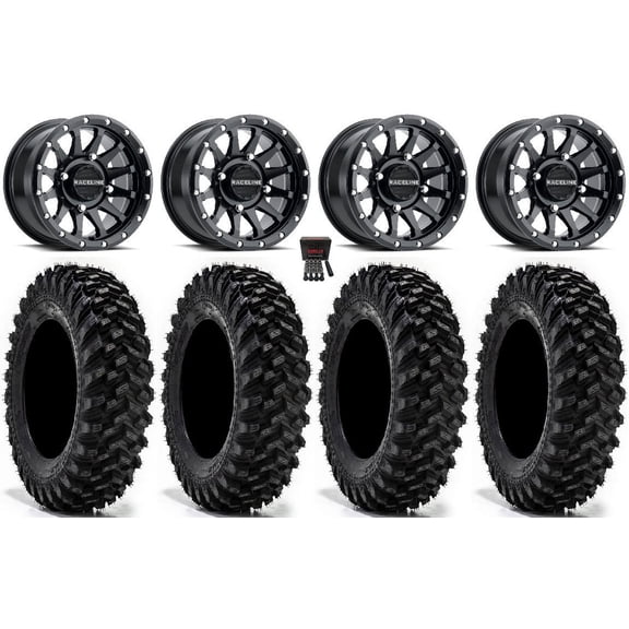 Raceline Trophy 14" Wheels Black 28" Warrior XT Tires Can-Am Maverick X3 / Honda Pioneer 1000 / Talon