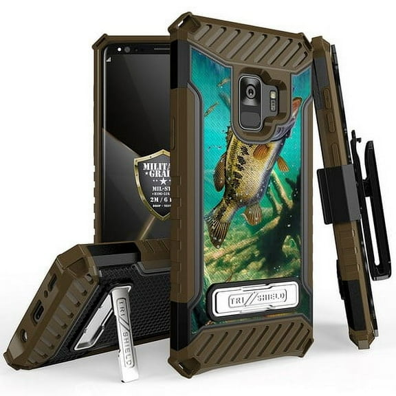Galaxy S9 Case, Trishield Durable Rugged Heavy Duty Phone Cover With Detachable Lanyard Loop Belt Clip Holster And Built in kickstand For Samsung Galaxy S9 - Printed Bass Fishing Outdoors