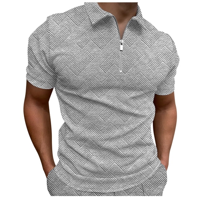 Men's Shirts - Classic Jacquard Short Sleeve Top with Geometric Print Solid Color Lapel Zip Closure for Spring and Summer