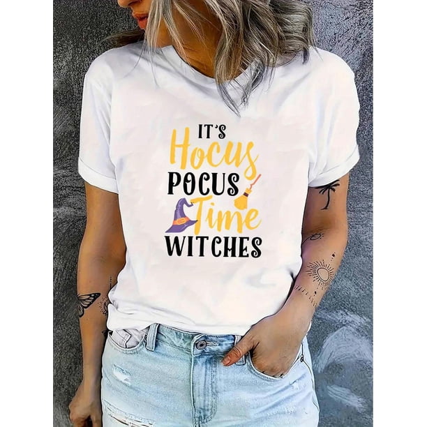 Camisetas con gráficos clásico para mujeres y adolescentes y niñas, playera de verano con estampado estéticoWomen's Casual Chic Witch Hat Graphic Tee - Comfy Stretchy Polyester Blend, Crew Neck Shor
