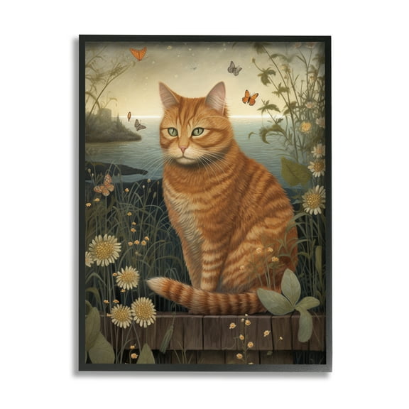 Stupell Industries Orange Cat by Pond Animals & Insects Painting Black Framed Art Print Wall Art, 11 x 14
