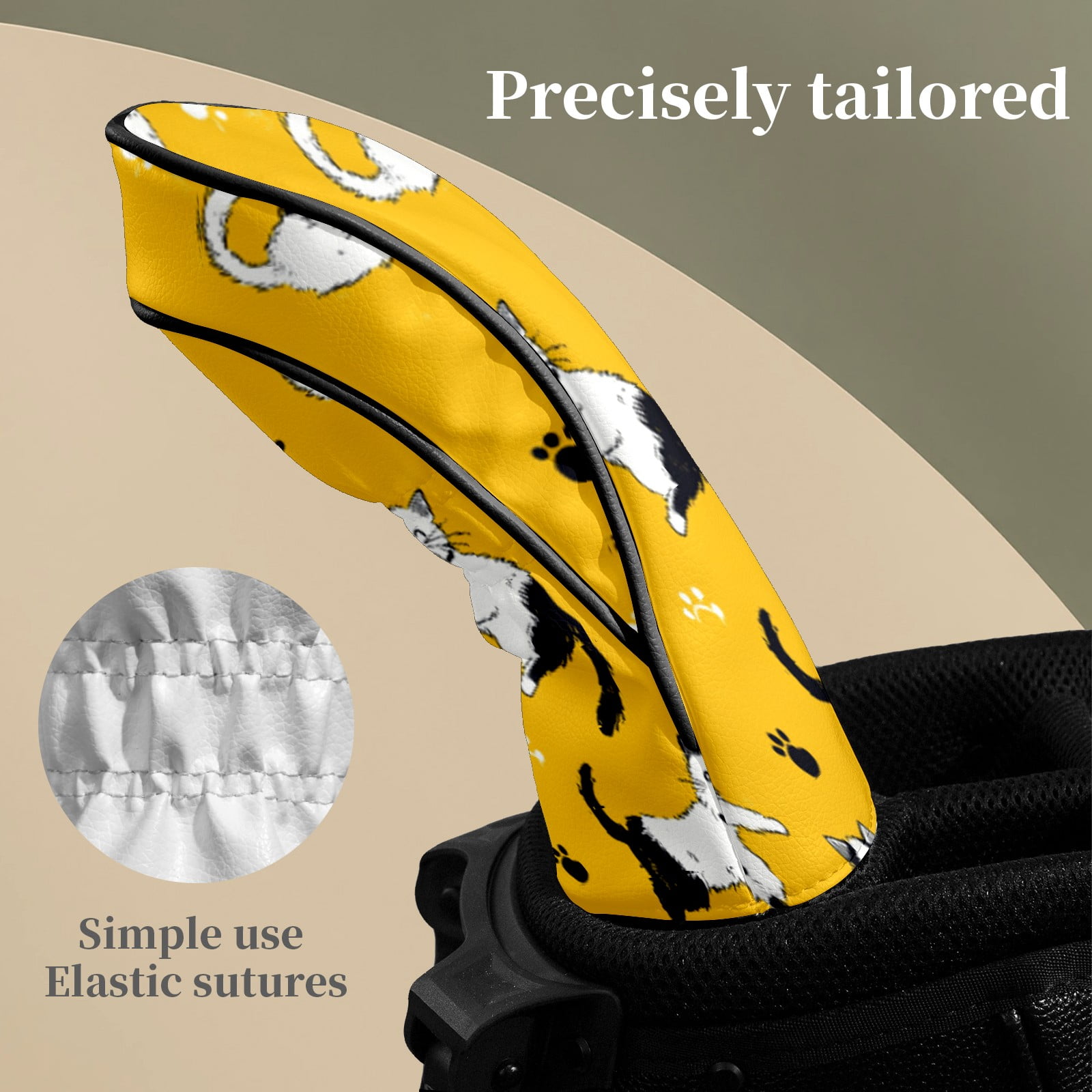 Golf Head Covers for Woods and Driver Waterproof Leather Golf Club Head Covers for Women Men Golf Driver Fairway Wood Headcover Yellow Background Cat Mural