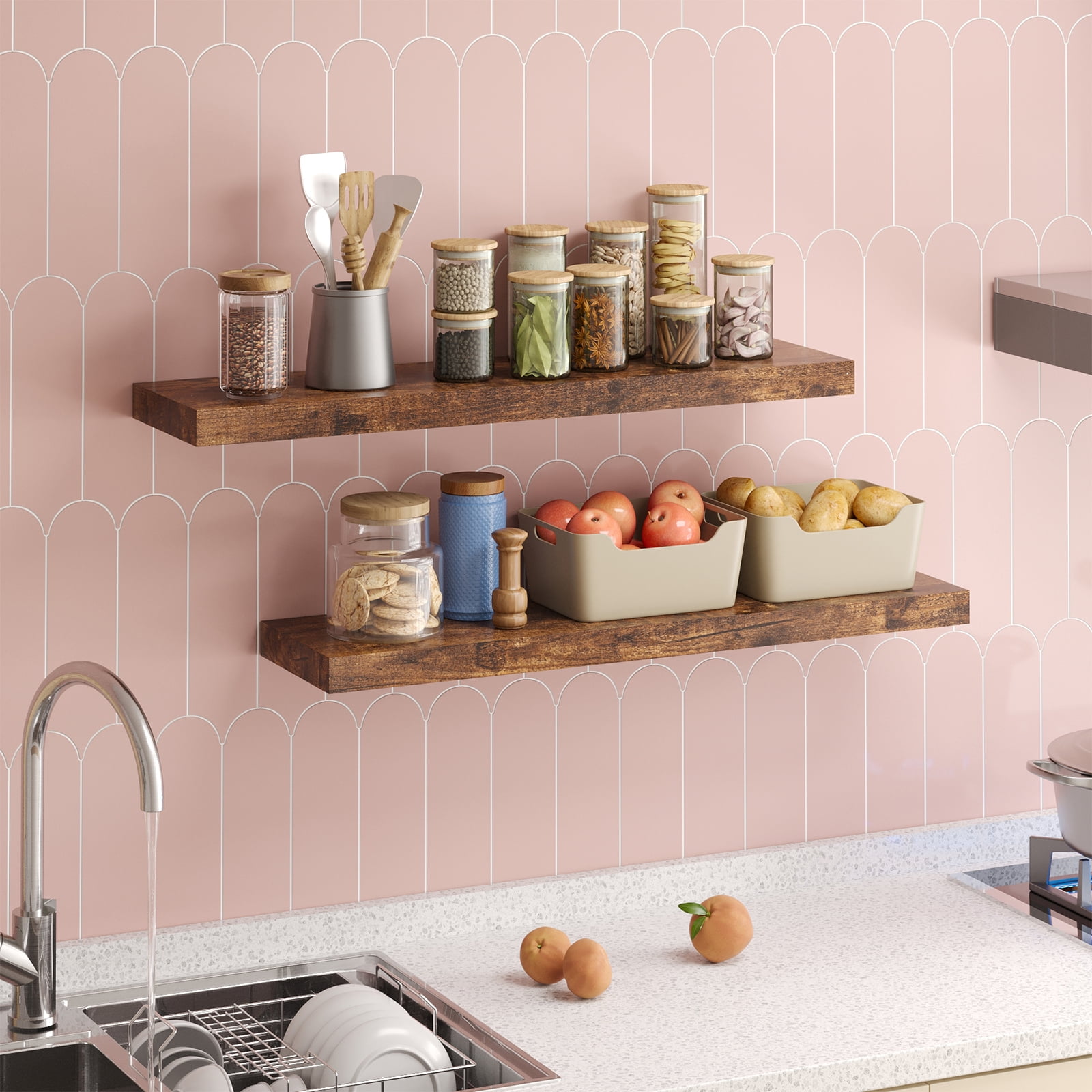 Fairy 2pcs Floating Shelves for Wall, 22.5in Bathroom Kitchen Shelves for Farmhouse Decor, Rustic Brown