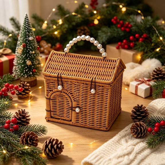 House-Shaped Wicker Basket with Lid - Handwoven Rattan Storage Basket for Home Decor Kids Picnic, Organizer Decorative Brown Woven Gift Box Versatile for Toys or Wall Hanging