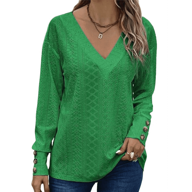 Blusas Elegantes e Informales para Mujer, con Cuello en V, Larga, Botones, Encaje Calado y Bordado. Verde M