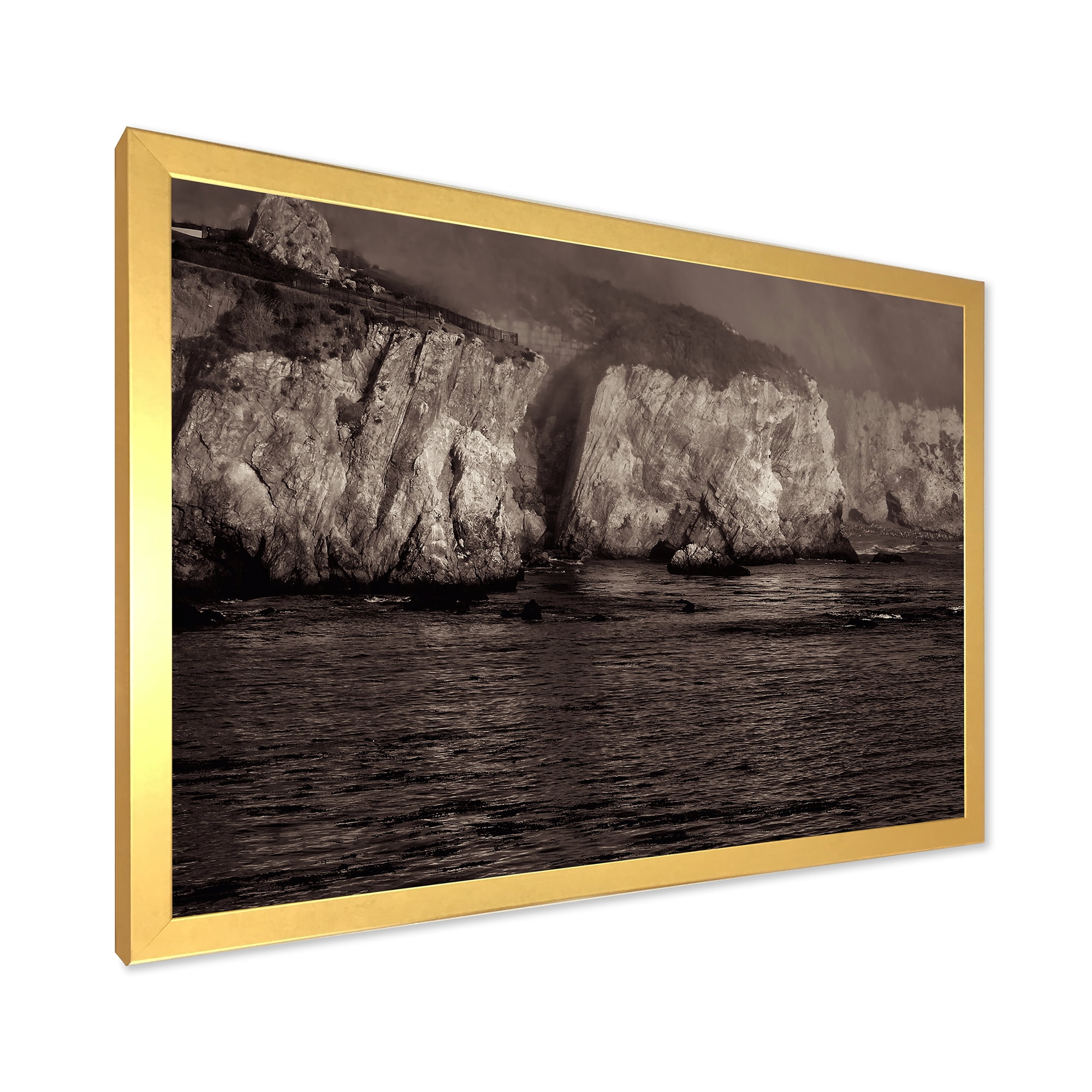 Designart 'Gold Cliffs Over Sea In The Fog' Modern Framed Art Print