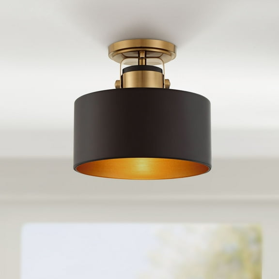 Possini Euro Design Modern Ceiling Light Semi Flush Mount Fixture 10" Wide Soft Gold Metal Black Drum Shade for Bedroom Kitchen