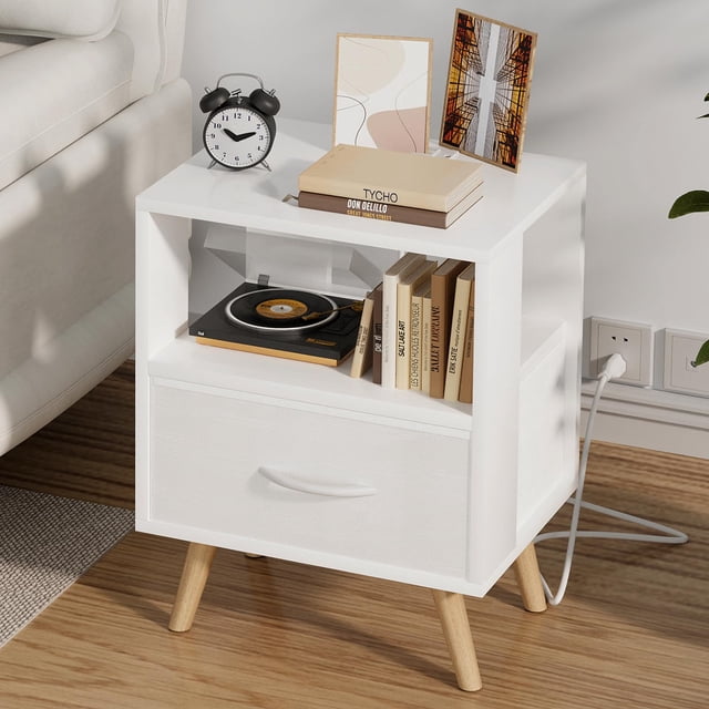 Mesa de Noche Aenuert Blanca 40x30x53 cm con Puerto de Carga USB