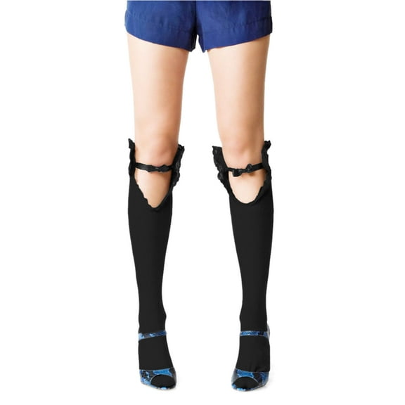 MeMoi Fairytale Knee High Cotton Blend Ribbon Socks - Womens - Female, One Size, Black