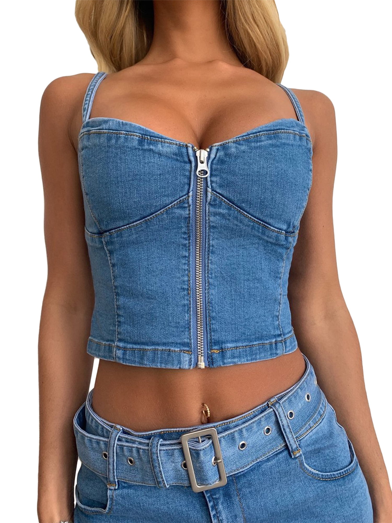 Kommuner Regnbue Afhængighed Women 2 Pieces Denim Outfit Zipper Crop Cami Top High Waist Bodycon Skirt  Set - Walmart.com
