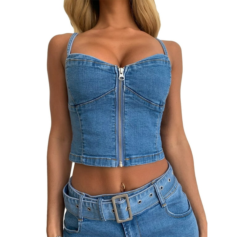 JBEELATE Women’s Denim Jeans Blue Zipper Corset Crop Top Sexy Push Up  Bustier Backless Strap Tank Vest Top Party Bralette Short Mini Skirt