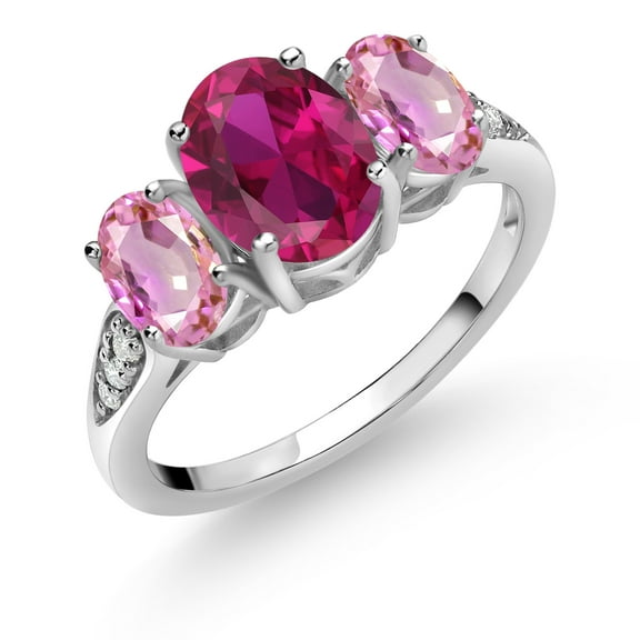 Gem Stone King 10K White Gold Red Created Ruby Pink Sapphire and White Lab Grown Diamond 3 Stone Engagement Ring for Women (2.59 Cttw, Gemstone Birthstone, Size 6)
