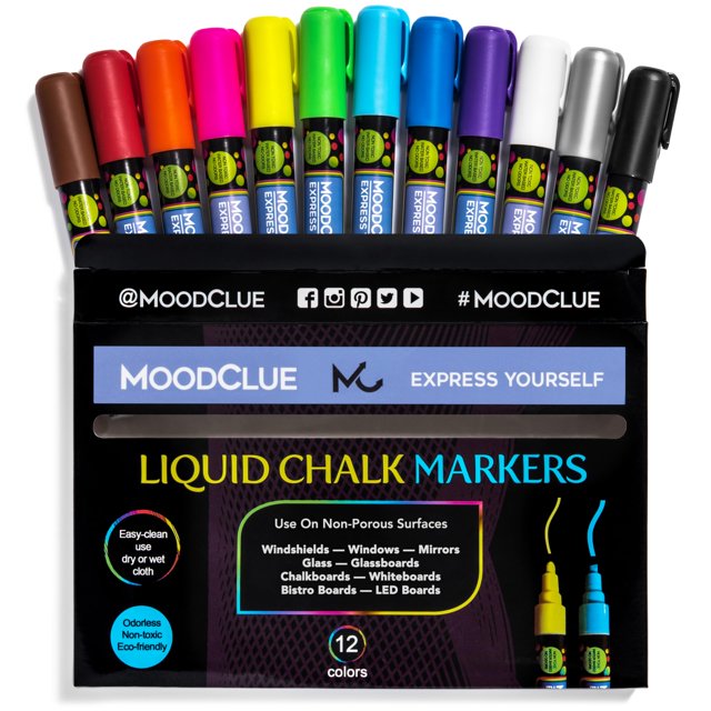 MoodClue Liquid chalk markers 12 neon erasable Whiteboards, glass boards, chalkboards, windows, mirrors, car windshields, auto, glass. Odorless, non-