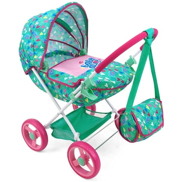 Baby Alive: Deluxe Classic Doll Pram - Green, Pink, Hearts - Accessory For Dolls Up To 18", Matching Shoulder Bag, Foldable, Storage, Kids Toy, Age 3 