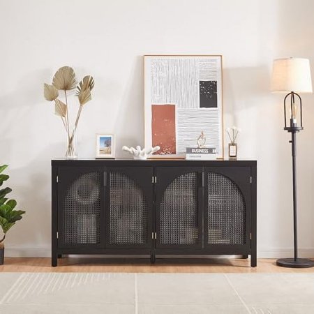 Black Buffet Sideboard Cabinet with Storage, Kitchen Rattan Storage Cabinet with 4 Arched Doors, Large Storage Kitchen Console Table for Kitchen, Living Room, Entryway
