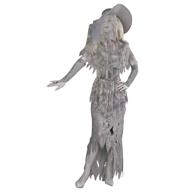 Glam Ghostly Gal Women's Costume featuring a sleeveless tattered gray polyester dress with jagged edges, matching capelet, fingerless gloves, and wide-brim gray hat with sheer veil, ideal for Halloween women's costumes.