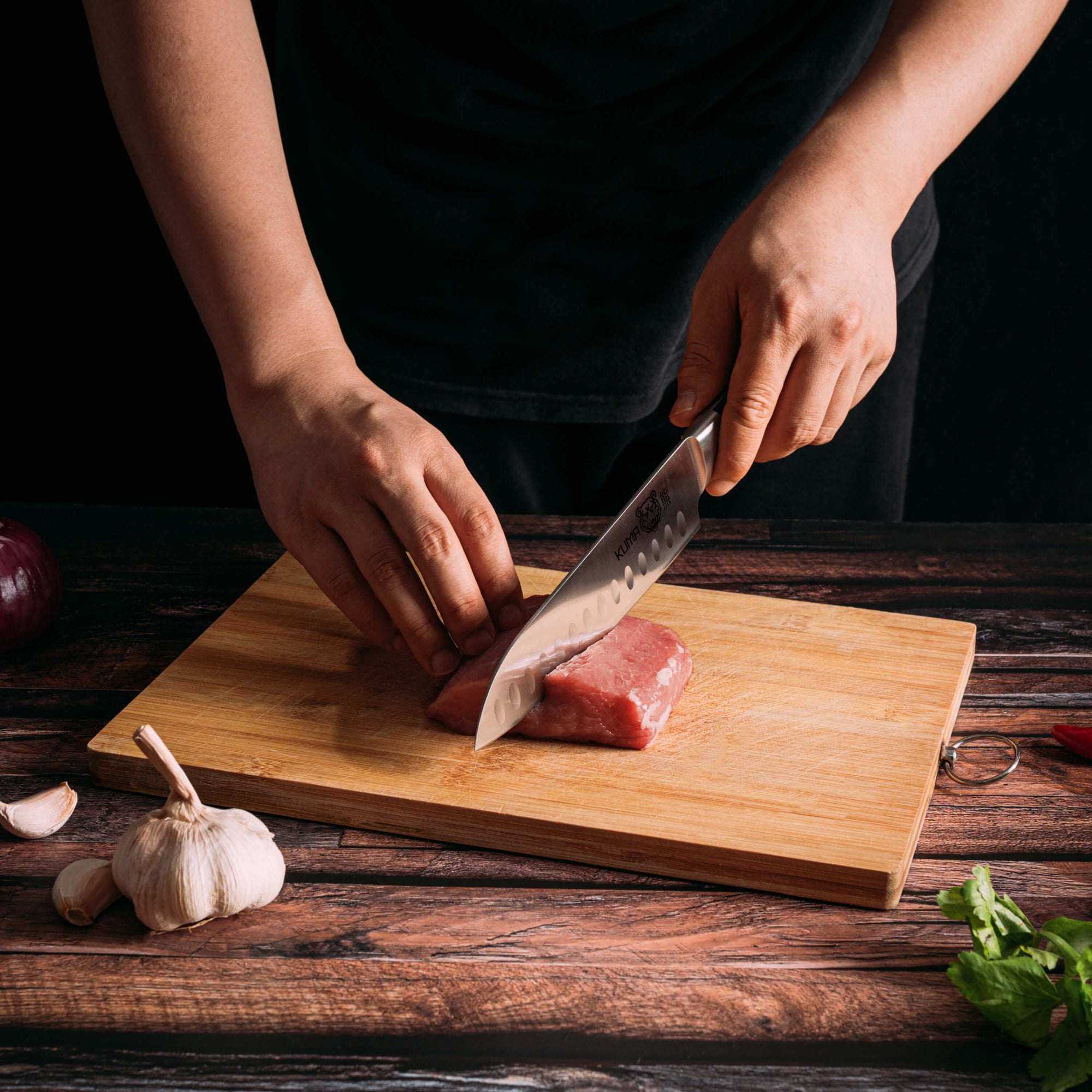 Kuma Santoku 7 inch - Razor Sharp Kitchen Knife - Japanese Style Multipurpose Chef's Knife with Comfortable Handle & No-Fatigue Design - Cut Meat