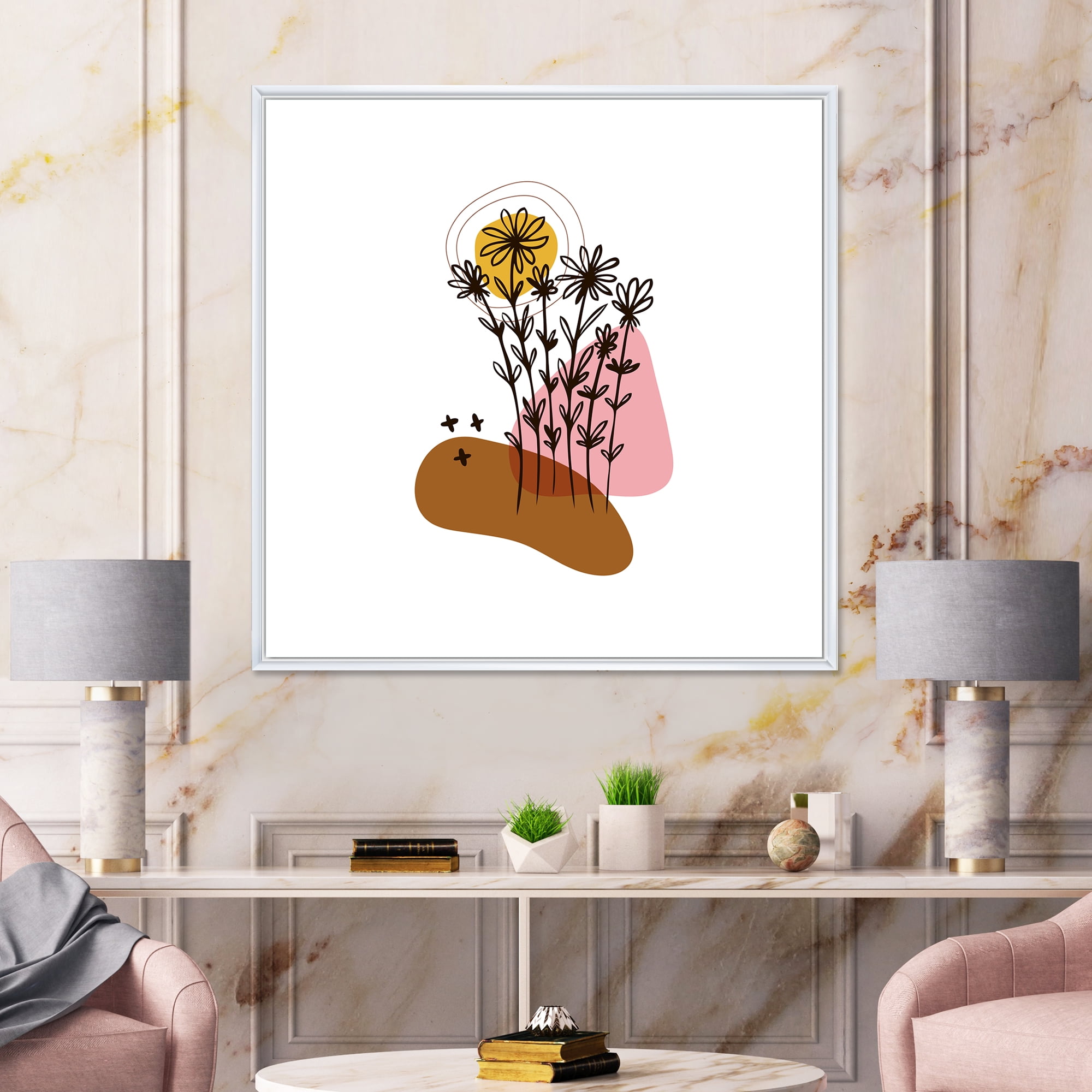 Designart 'Abstract Flowers Plants With Elementary Shapes I' Modern Framed Canvas Wall Art Print